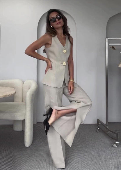 Wide Leg Linen Cotton Blend Vest And Trousers