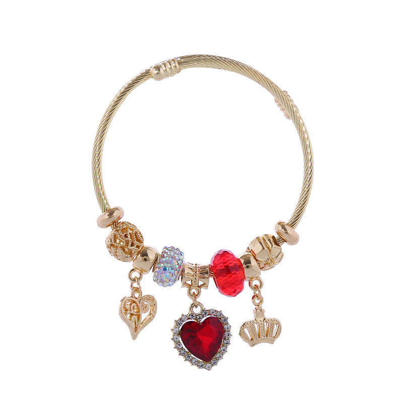 Adjustable Heart-Shaped Alloy Bracelet with Rhinestones