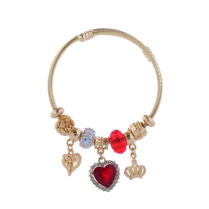 Adjustable Heart-Shaped Alloy Bracelet with Rhinestones