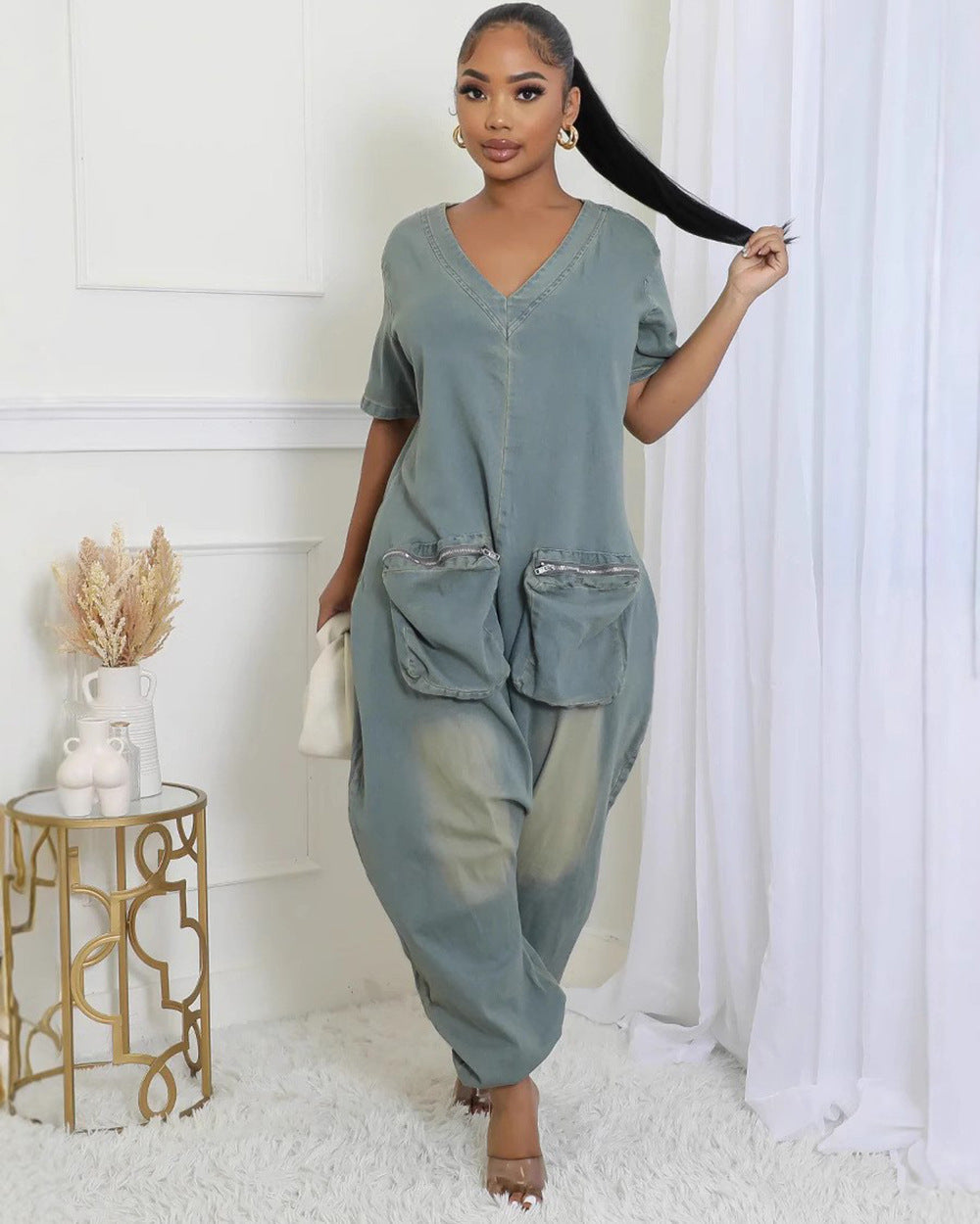 Trendy Women'S Loose Fit Denim Jumpsuit With Pockets