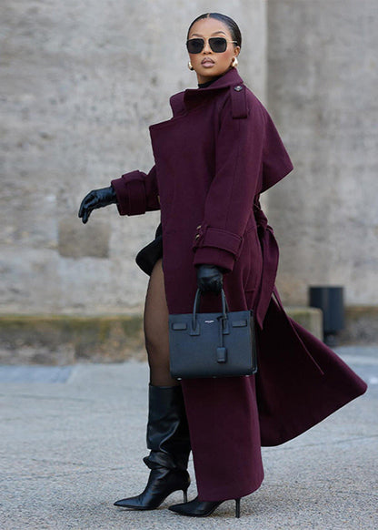 Double Breasted Belted Trench Coat Burgundy Fabric