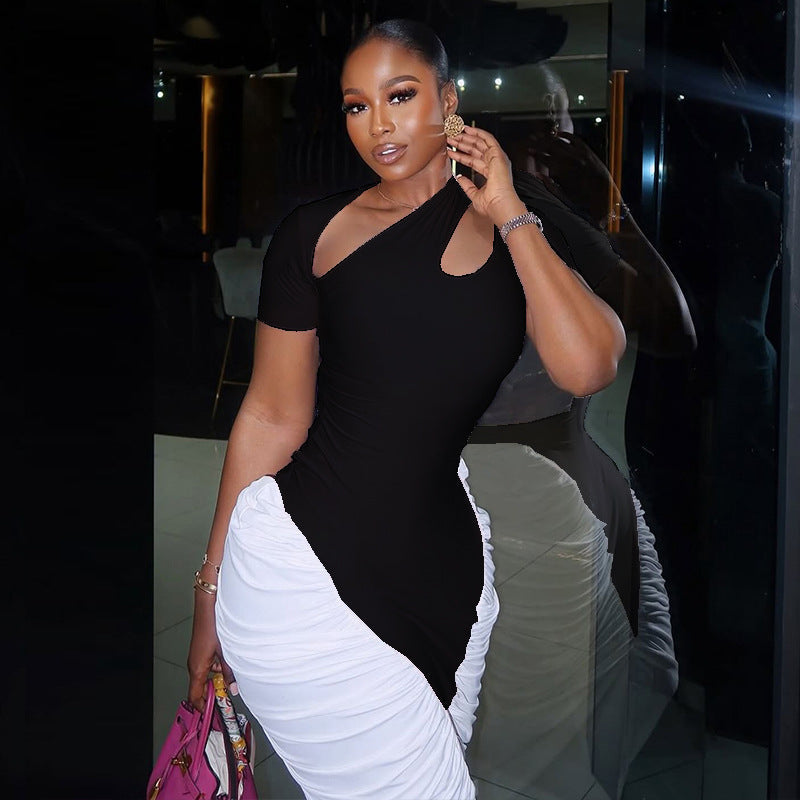 Chic Black And White Bodycon Dress With Hollow Out Short Sleeves