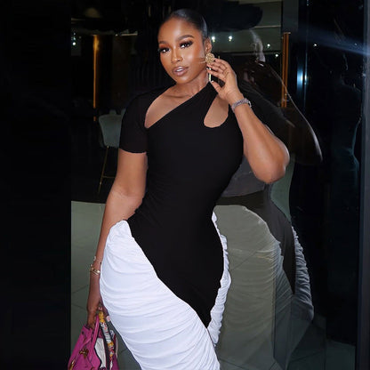 Chic Black And White Bodycon Dress With Hollow Out Short Sleeves