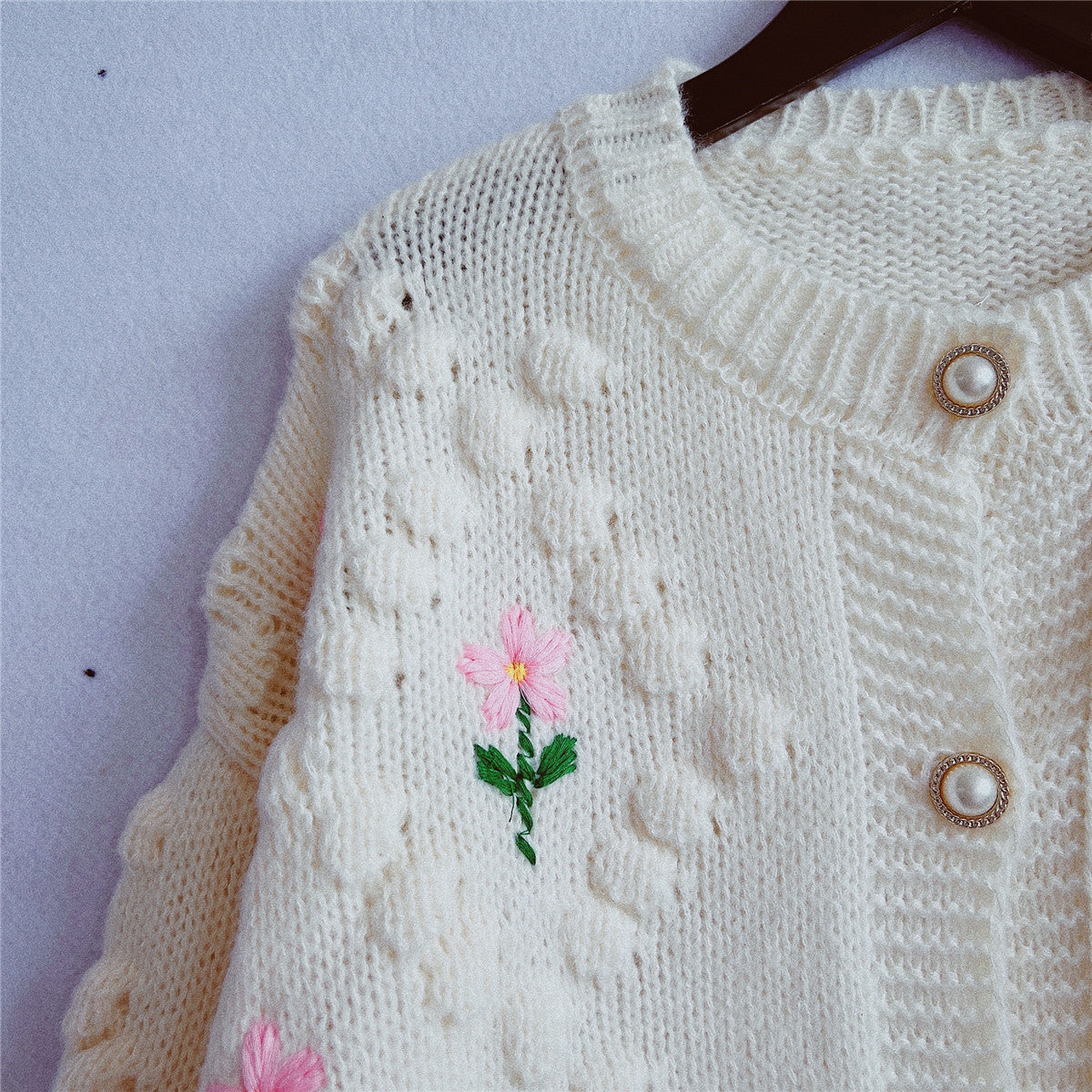Floral Embroidery Crochet Pearl Button Knit Cardigan