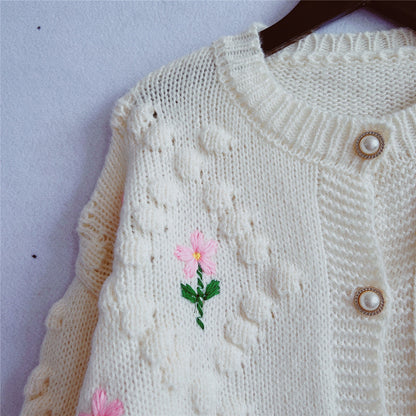 Floral Embroidery Crochet Pearl Button Knit Cardigan