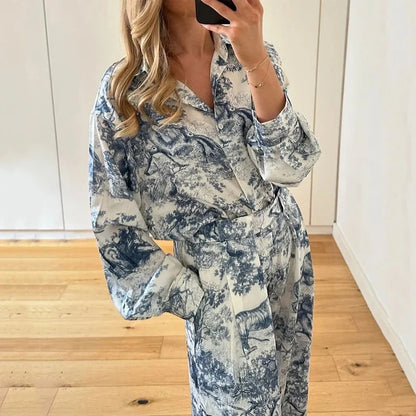 Flower Print Long Sleeve Shirt And Pants Casual Set