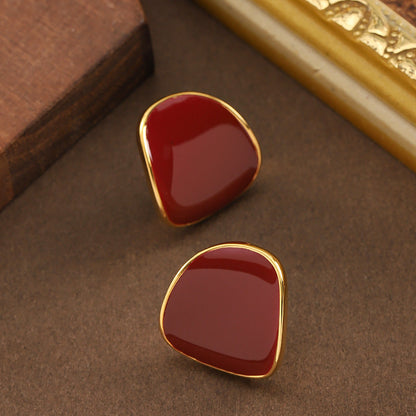 Burgundy Geometric Drip-Glaze Earrings With 925 Silver Pins