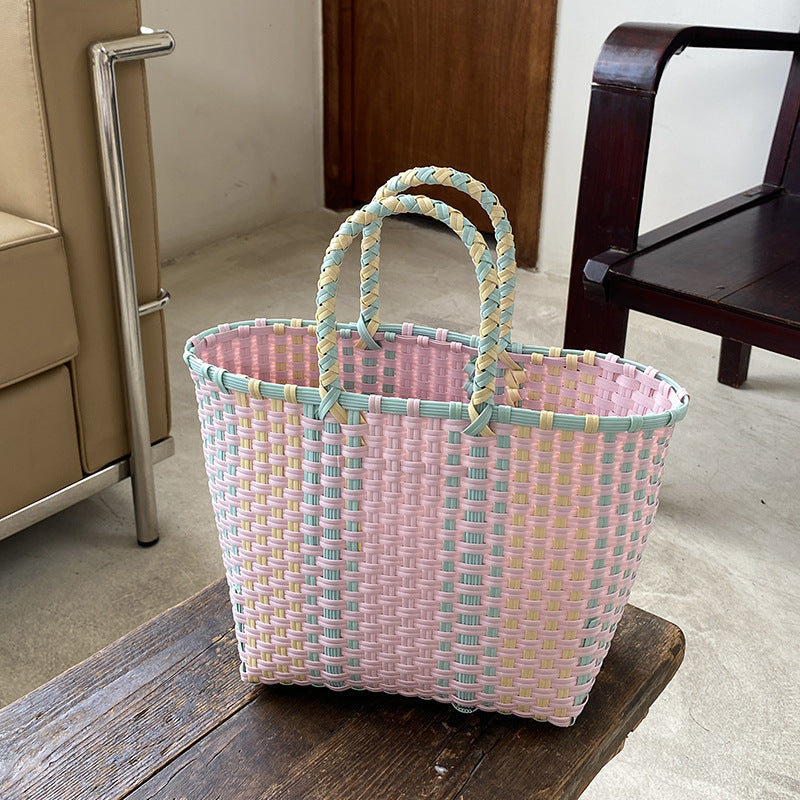 Handwoven Tote Bag Color Block Beach Bag
