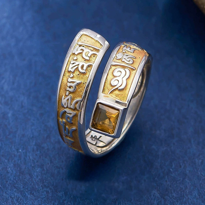 Six Characters Mantra Enamel Yellow God Of Wealth Imitation Sterling Silver Ring Men'S And Women'S Tibetan Retro Ethnic Style