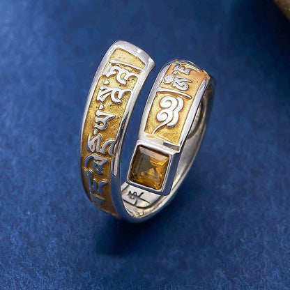 Six Characters Mantra Enamel Yellow God Of Wealth Imitation Sterling Silver Ring Men'S And Women'S Tibetan Retro Ethnic Style