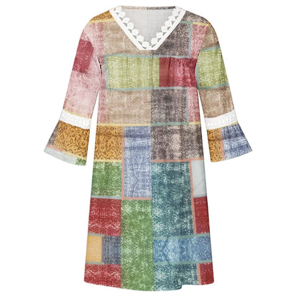 V-Neck-Print Lace Panels, Bohemian Casual Resort-Inspired Dress