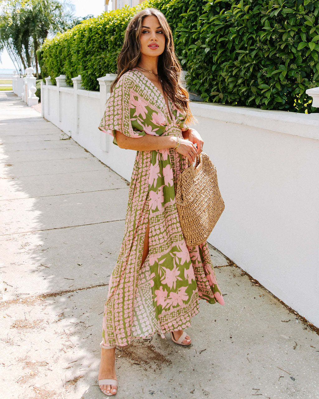 V-Neck Floral Print Side Split Dress