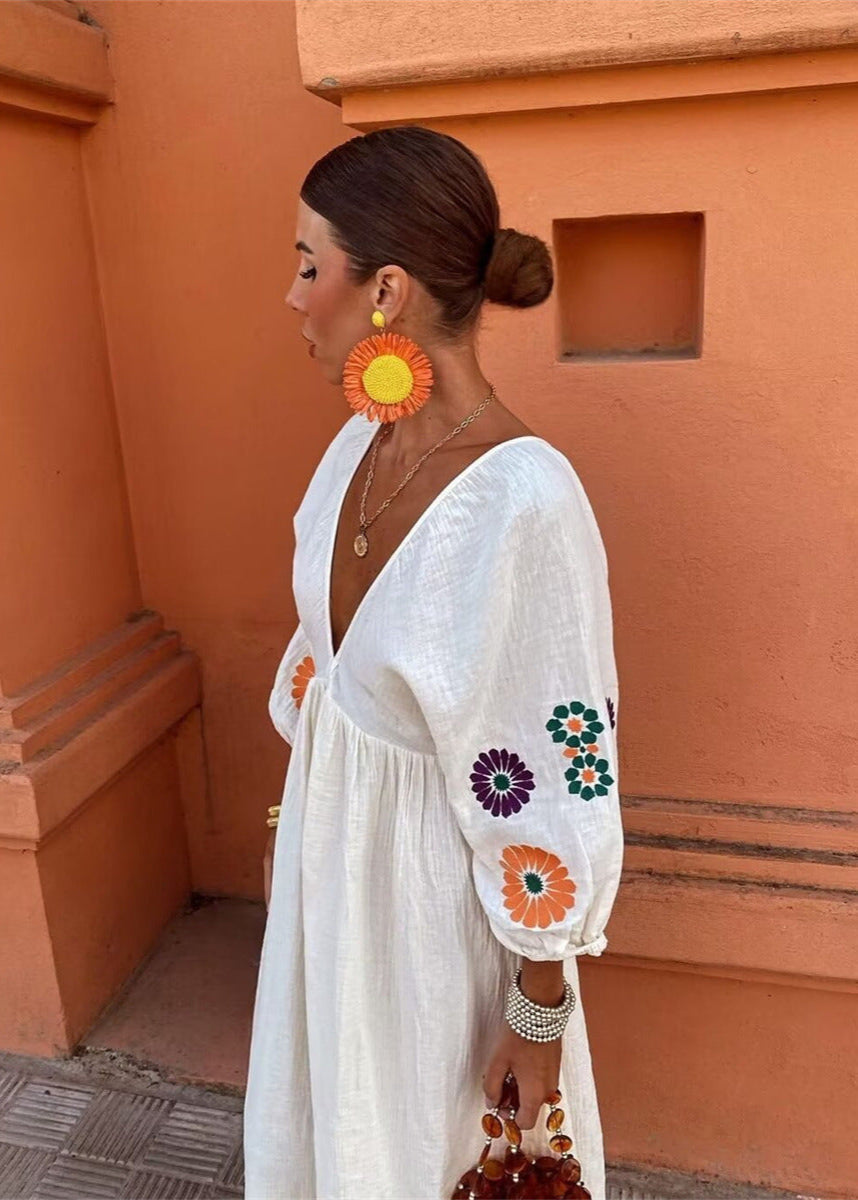 Embroidered Polyester Maxi Dress With Balloon Sleeves