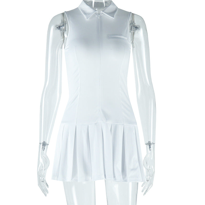 Sleeveless Collared Zipper Dress Casual Pure Color Mini Dress