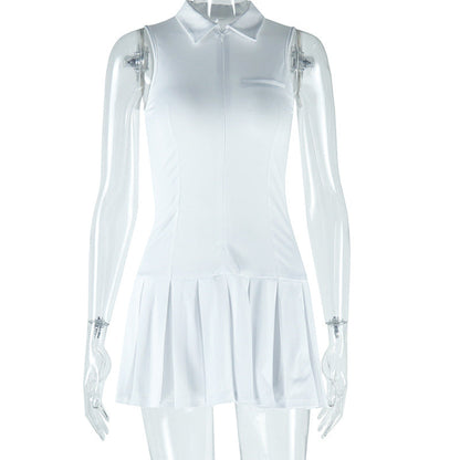 Sleeveless Collared Zipper Dress Casual Pure Color Mini Dress