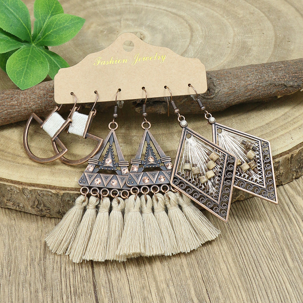 Bohemian Vintage Tassel Earrings Set - 3 Pairs Alloy Leather Dangle
