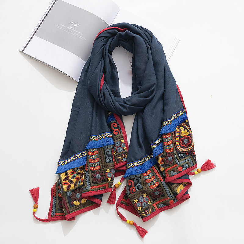 Ethnic Style Shawl Scarf Female Cotton Retro Embroidered Silk Scarf Spring And Autumn Versatile Embroidered Scarf