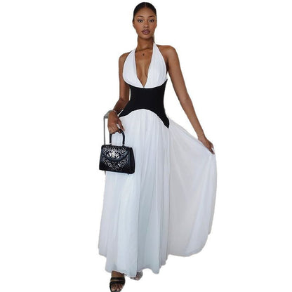Black And White Halter Neck A-Line Dress With Deep V Neck