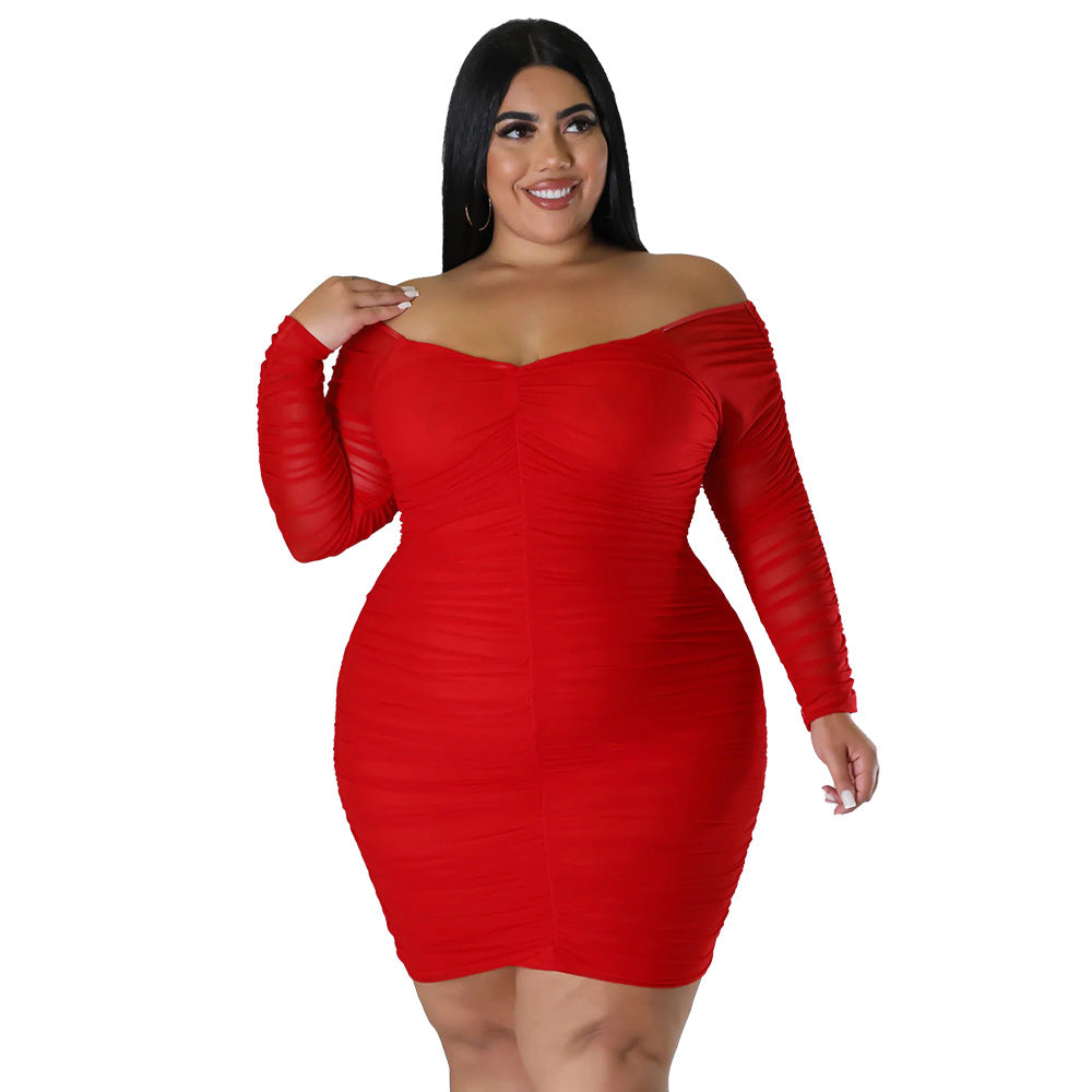 Plus Size Autumn Dress With Mesh Sleeves
