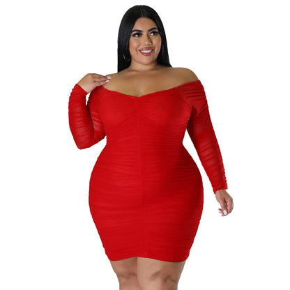 Plus Size Autumn Dress With Mesh Sleeves