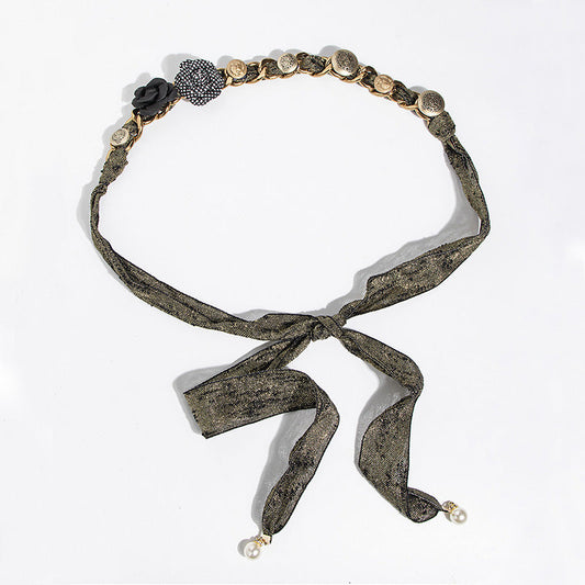 Vintage Rose Silk Chain Pearl Waist Belt