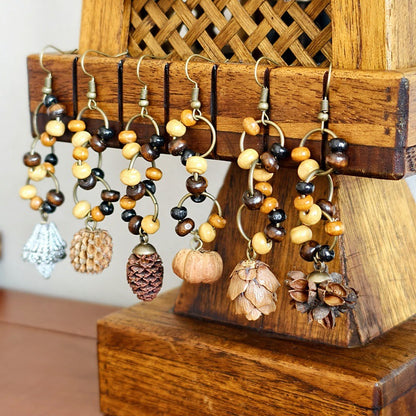 Botanical Pattern Wooden Bead Dangle Earrings
