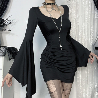 Dark Elegance Slim-Fit Batwing Sleeve Mini Dress