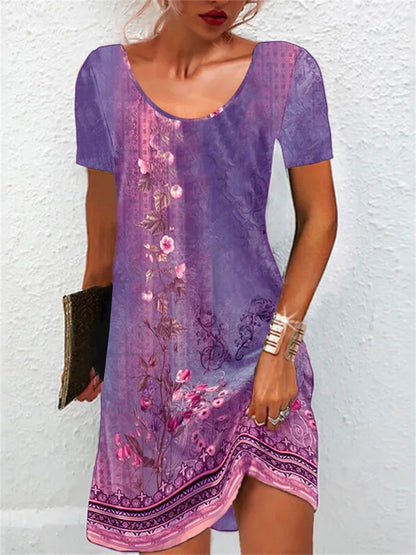 Hot Women'S Clothing Summer New Loose Round Neck Ethnic Style Printed Pullover Dress