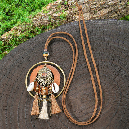 Bohemian Long Necklace with Tassels and Geometric Shapes