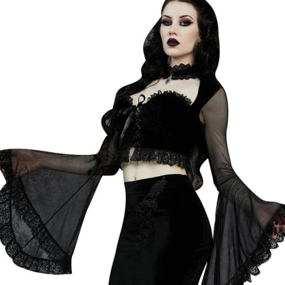 Sexy Black Bell Sleeve T-Shirt Sheer Panel Casual Top
