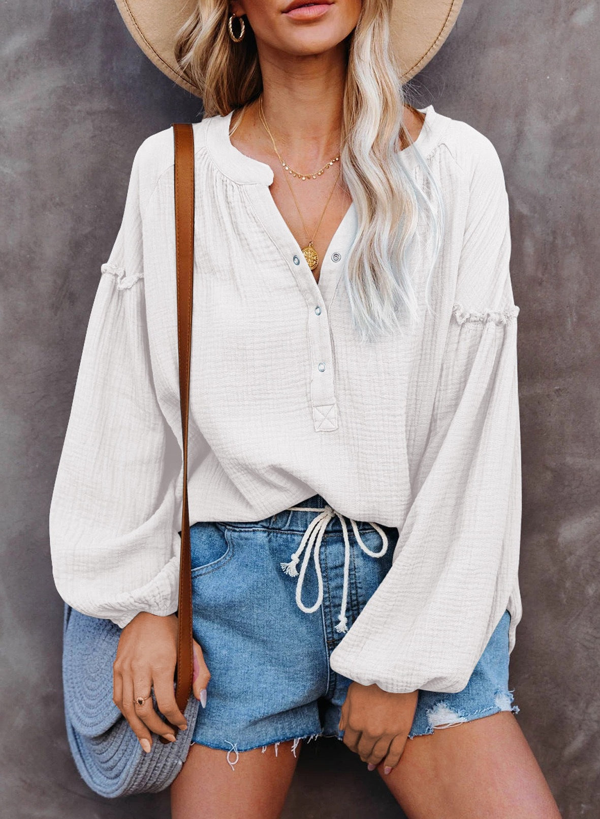 Solid Color Mosaic Lantern Sleeve Button V-Neck Casual Shirt Woman