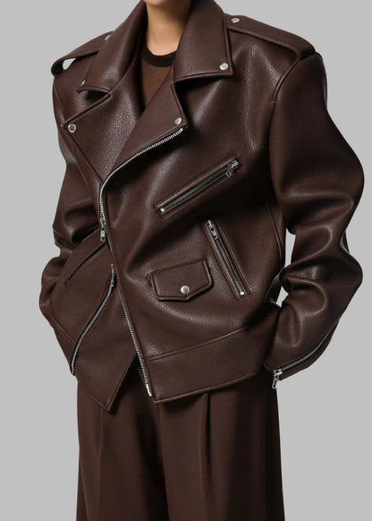 Oversized Faux Leather Moto Jacket With Zipper Details