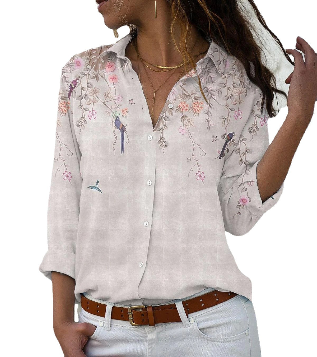 Spot Women'S Loose Collar Long Sleeved Single Breasted Shirt Temperament Lady Printed Top