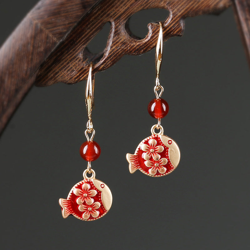 Antique Red Earrings With Cheongsam Retro Temperament Joker Jade Sterling Silver Ethnic Vintage Style Earrings