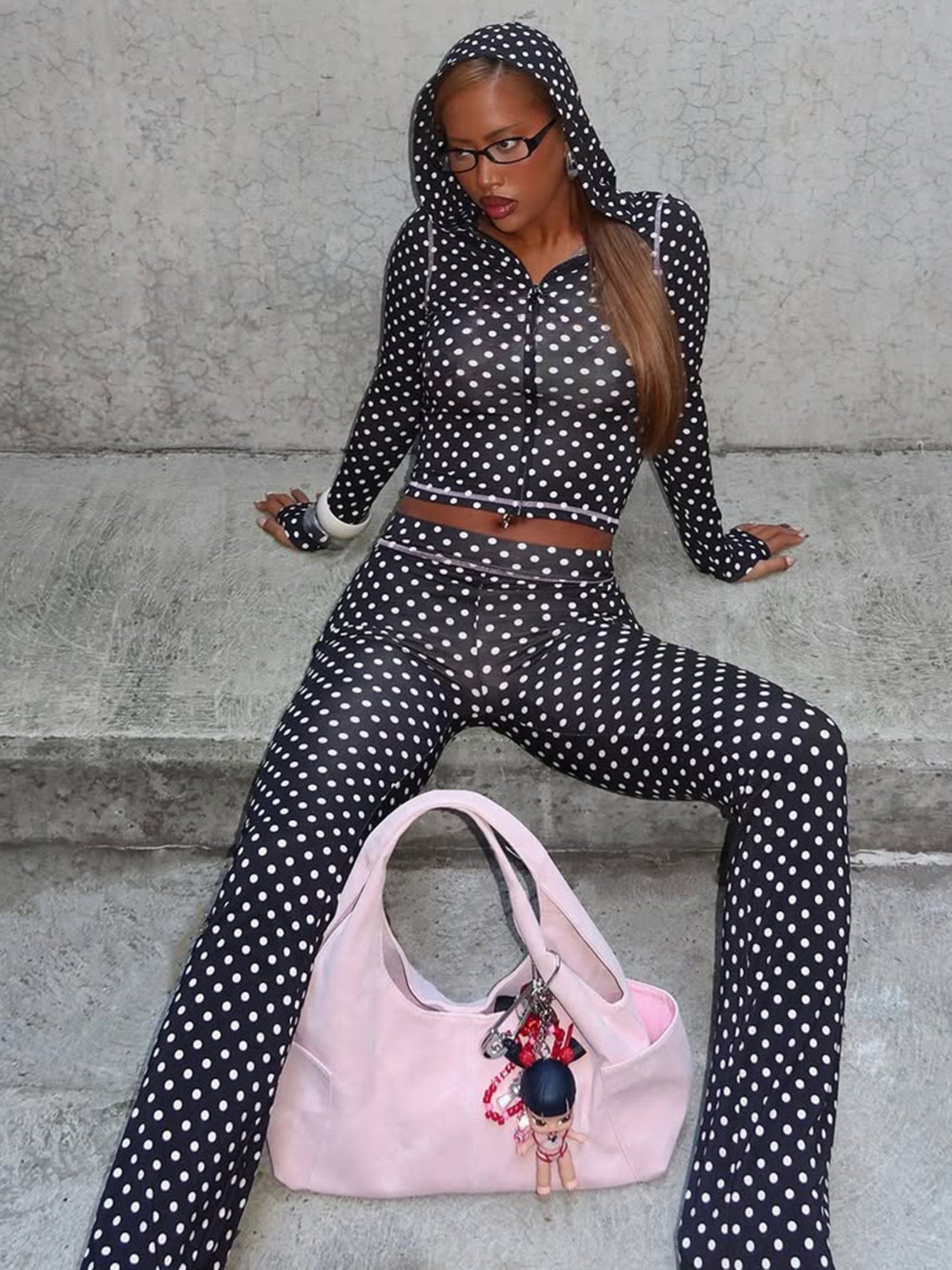Trendy Polka Dot Hooded Cardigan and Color Block Pants Set