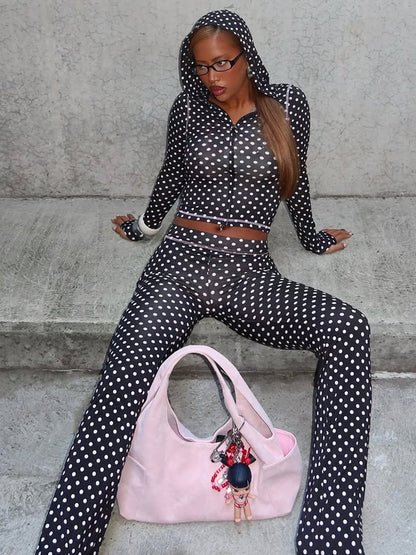 Trendy Polka Dot Hooded Cardigan and Color Block Pants Set