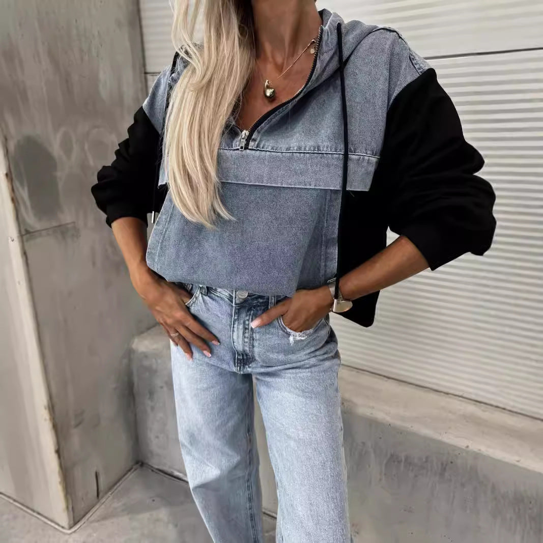 Trendy Splice Color Block Washed Denim Hoodie