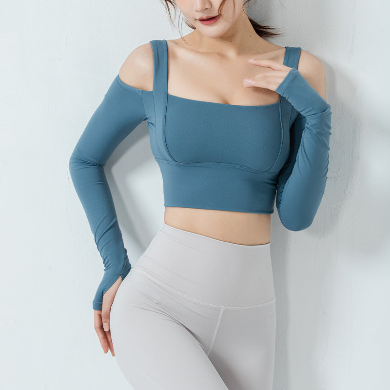 Tight All-In-One Yoga Suit Long-Sleeved Off-The-Shoulder Sports Top Women'S Gym Running T-Shirt