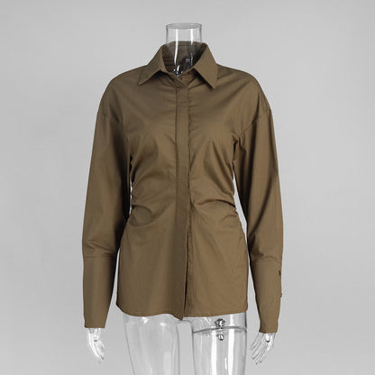 Cotton Slim-Fit Shirt Solid Color Elegant Casual Top
