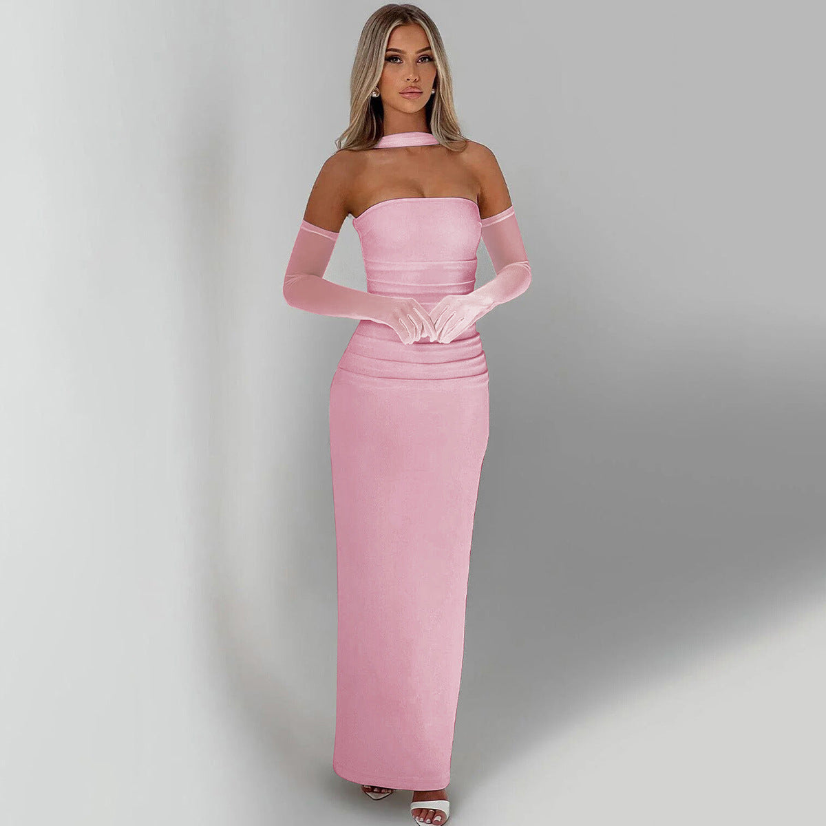 Elegant Strapless Gown with Sheer Sleeves