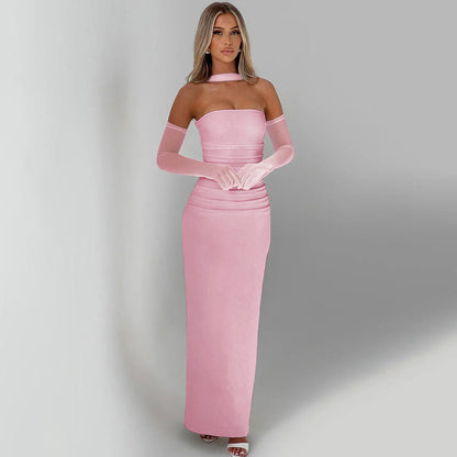 Elegant Strapless Gown with Sheer Sleeves