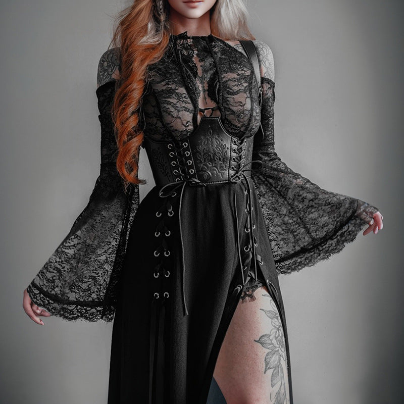 Sheer Lace-Up Top with Bell Sleeves for Trendy Style