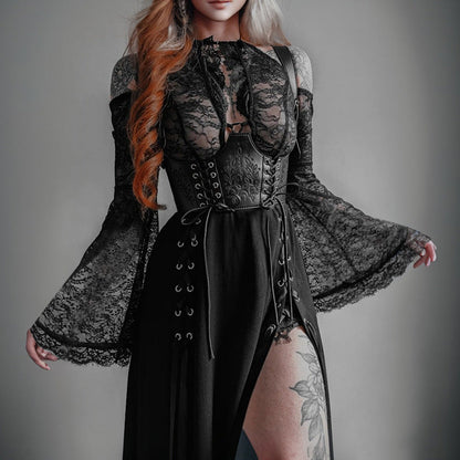 Sheer Lace-Up Top with Bell Sleeves for Trendy Style