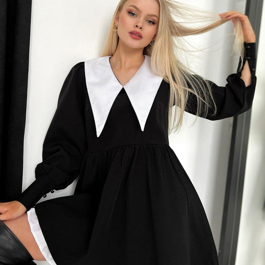 French Style Black A-Line Dress With Peter Pan Collar