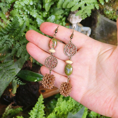 Vintage Leaf Design Handmade Earrings with Natural Green Stone