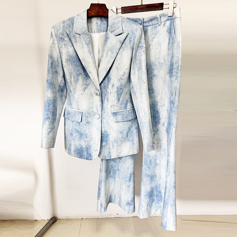 Abstract Print Cotton Blazer And Trousers Set Stylish Casual Outfit