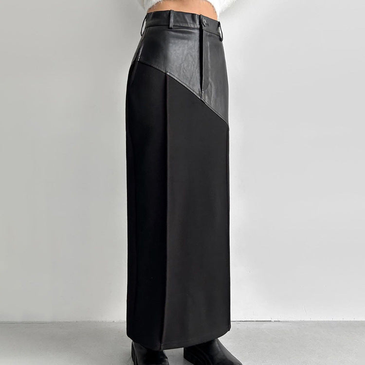 Elegant Pockets Black PU Leather Midi Skirt