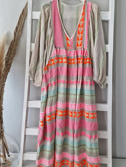 Geometric Block Bohemian Ruffle Patchwork Half-Sleeve Square-Neck Dress