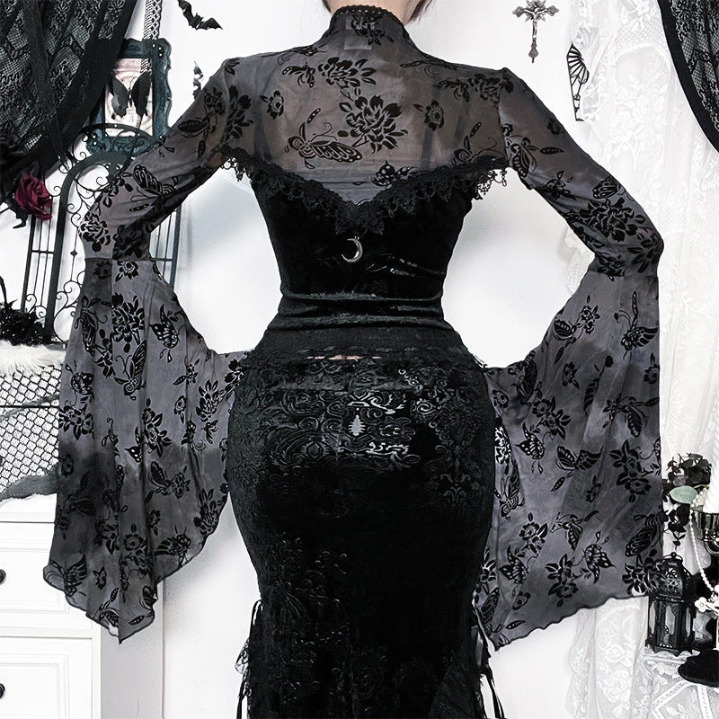 Black Velvet Patterned Cape Cardigan Lightweight Stylish Top