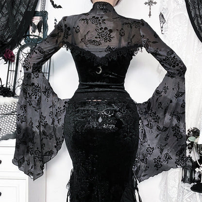 Black Velvet Patterned Cape Cardigan Lightweight Stylish Top